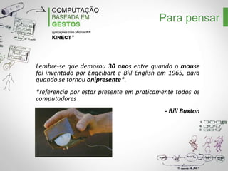 Para pensar

Lembre-se que demorou 30 anos entre quando o mouse
foi inventado por Engelbart e Bill English em 1965, para
quando se tornou onipresente*.
*referencia por estar presente em praticamente todos os
computadores
- Bill Buxton

 