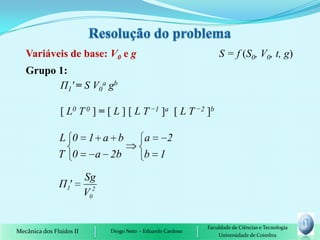 Variáveis de base: V0 e g                                       S = f (S0, V0, t, g)
   Grupo 1:
         П1' = S V0a gb

                [ L0 T 0 ] = [ L ] [ L T −1 ]a [ L T −2 ]b

               L 0 1 a b                     a   2
               T 0  a 2b                     b 1

                          Sg
               Π1'
                          V02


                                                               Faculdade de Ciências e Tecnologia
Mecânica dos Fluidos II         Diogo Neto - Eduardo Cardoso
                                                                   Universidade de Coimbra
 