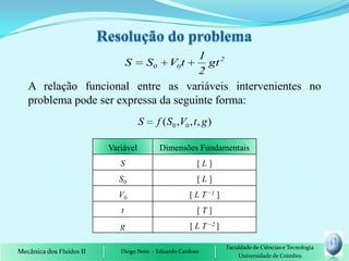 1 2
                                 S       S0       V0 t        gt
                                                            2
   A relação funcional entre as variáveis intervenientes no
   problema pode ser expressa da seguinte forma:
                                     S        f (S0 ,V0 , t , g )

                          Variável            Dimensões Fundamentais
                             S                             [L]
                             S0                            [L]
                            V0                           [ L T −1 ]
                             t                             [T]
                             g                           [ L T −2 ]

                                                                      Faculdade de Ciências e Tecnologia
Mecânica dos Fluidos II      Diogo Neto - Eduardo Cardoso
                                                                          Universidade de Coimbra
 