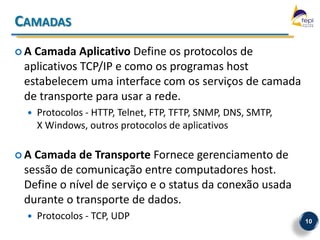 CAMADAS
A Camada Aplicativo Define os protocolos de
 aplicativos TCP/IP e como os programas host
 estabelecem uma interface com os serviços de camada
 de transporte para usar a rede.
    Protocolos - HTTP, Telnet, FTP, TFTP, SNMP, DNS, SMTP,
     X Windows, outros protocolos de aplicativos

A Camada de Transporte Fornece gerenciamento de
 sessão de comunicação entre computadores host.
 Define o nível de serviço e o status da conexão usada
 durante o transporte de dados.
    Protocolos - TCP, UDP                                    10
 