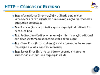 HTTP – CÓDIGOS DE RETORNO
    1xx: Informational (Informação) – utilizada para enviar
     informações para o cliente de que sua requisição foi recebida e
     está sendo processada;
    2xx: Success (Sucesso) – indica que a requisição do cliente foi

     bem sucedida;
    3xx: Redirection (Redirecionamento) – informa a ação adicional

     que deve ser tomada para completar a requisição;
    4xx: Client Error (Erro no cliente) – avisa que o cliente fez uma

     requisição que não pode ser atendida;
    5xx: Server Error (Erro no servidor) – ocorreu um erro no

     servidor ao cumprir uma requisição válida.



                                                                         22
 