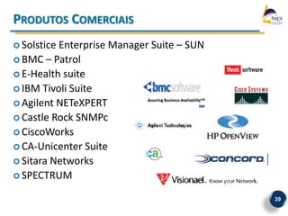 PRODUTOS COMERCIAIS
 SolsticeEnterprise Manager Suite – SUN
 BMC – Patrol
 E-Health suite
 IBM Tivoli Suite
 Agilent NETeXPERT
 Castle Rock SNMPc
 CiscoWorks
 CA-Unicenter Suite
 Sitara Networks
 SPECTRUM

                                           39
 