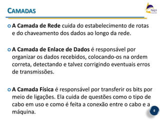 CAMADAS
A Camada de Rede cuida do estabelecimento de rotas
 e do chaveamento dos dados ao longo da rede.

A Camada de Enlace de Dados é responsável por
 organizar os dados recebidos, colocando-os na ordem
 correta, detectando e talvez corrigindo eventuais erros
 de transmissões.

A Camada Física é responsável por transferir os bits por
 meio de ligações. Ela cuida de questões como o tipo de
 cabo em uso e como é feita a conexão entre o cabo e a
 máquina.                                                 8
 