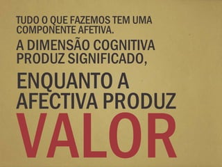 TUDO O QUE FAZEMOS TEM UMA
COMPONENTE AFETIVA.
A DIMENSÃO COGNITIVA
PRODUZ SIGNIFICADO,
ENQUANTO A
AFECTIVA PRODUZ

VALOR
 