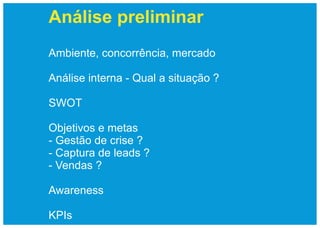 Análise preliminar
Ambiente, concorrência, mercado

Análise interna - Qual a situação ?

SWOT

Objetivos e metas
- Gestão de crise ?
- Captura de leads ?
- Vendas ?

Awareness

KPIs
 