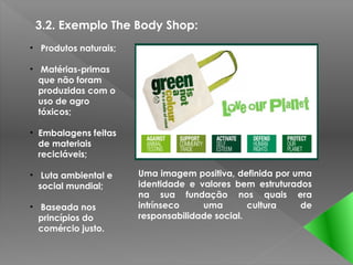 3.2. Exemplo The Body Shop:
• Produtos naturais;

• Matérias-primas
  que não foram
  produzidas com o
  uso de agro
  tóxicos;

• Embalagens feitas
  de materiais
  recicláveis;

• Luta ambiental e     Uma imagem positiva, definida por uma
  social mundial;      identidade e valores bem estruturados
                       na sua fundação nos quais era
• Baseada nos          intrínseco    uma        cultura   de
  princípios do        responsabilidade social.
  comércio justo.
 