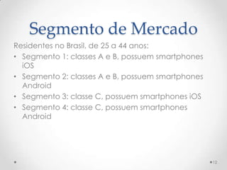 Segmento de Mercado
Residentes no Brasil, de 25 a 44 anos:
• Segmento 1: classes A e B, possuem smartphones
  iOS
• Segmento 2: classes A e B, possuem smartphones
  Android
• Segmento 3: classe C, possuem smartphones iOS
• Segmento 4: classe C, possuem smartphones
  Android




                                                   12
 