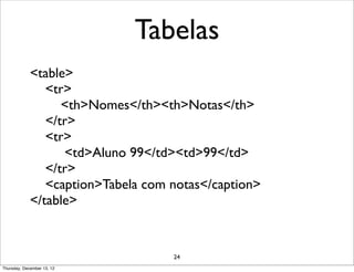 Tabelas
             <table>
                <tr>
                   <th>Nomes</th><th>Notas</th>
                </tr>
                <tr>
                   <td>Aluno 99</td><td>99</td>
                </tr>
                <caption>Tabela com notas</caption>
             </table>


                                    24
Thursday, December 13, 12
 