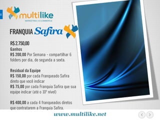 FRANQUIA
R$2.750,00
Ganhos
R$ 200,00 Por Semana - compartilhar 6
folders por dia, de segunda a sexta.
Residual da Equipe
R$ 150,00 por cada Franqueado Safira
direto que você indicar
R$ 75,00 por cada Franquia Safira que sua
equipe indicar (até o 10º nível)
R$ 400,00 a cada 4 franqueados diretos
que contratarem a Franquia Safira.
MARKETING | E-COMMERCE
Safira
www.multilike.net
 