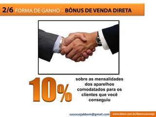 ESCRITÓRIO2/6 FORMA DE GANHO – BÔNUS DE VENDA DIRETA
sobre as mensalidades
dos aparelhos
comodatados para os
clientes que você
conseguiu
www.bbom.com.br/bbomsucessojasucessojabbom@gmail.com
 