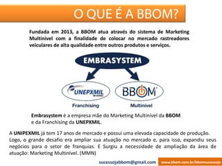 ESCRITÓRIO VIRTUALO QUE É A BBOM?
www.bbom.com.br/bbomsucessoja
A UNIPEXMIL já tem 17 anos de mercado e possui uma elevada capacidade de produção.
Logo, o grande desafio era ampliar sua atuação no mercado e, para isso, expandiu seus
negócios para o setor de franquias. E Surgiu a necessidade de ampliação da área de
atuação: Marketing Multinível. (MMN)
Fundada em 2013, a BBOM atua através do sistema de Marketing
Multinível com a finalidade de colocar no mercado rastreadores
veiculares de alta qualidade entre outros produtos e serviços.
Embrasystem é a empresa mãe do Marketing Multinível da BBOM
e da Franchising da UNEPXMIL.
sucessojabbom@gmail.com
 