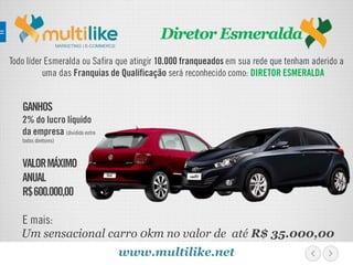 Todo líder Esmeralda ou Safira que atingir 10.000 franqueados em sua rede que tenham aderido a
uma das Franquias de Qualificação será reconhecido como: DIRETOR ESMERALDA
Um sensacional carro 0km no valor de até R$ 35.000,00
MARKETING | E-COMMERCE
GANHOS
2% do lucro líquido
da empresa (dividido entre
todos diretores)
VALORMÁXIMO
ANUAL
R$600.000,00
E mais:
www.multilike.net
Diretor Esmeralda
 