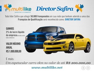 Todo líder Safira que atingir 50.000 franqueados em sua rede que tenham aderido a uma das
Franquias de Qualificação será reconhecido como: DIRETOR SAFIRA
Um espetacular carro 0km no valor de até R$ 200.000,00
MARKETING | E-COMMERCE
GANHOS
2% do lucro líquido
da empresa(dividido entre
todos diretores)
VALORMÁXIMO
ANUAL
R$1.000.000,00
E mais:
www.multilike.net
DiretorSafira
 