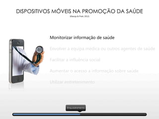 DISPOSITIVOS MÓVEIS NA PROMOÇÃO DA SAÚDE
(Klasnja & Pratt, 2012)
Monitorizar informação de saúde
Envolver a equipa médica ou outros agentes de saúde
Facilitar a influência social
Aumentar o acesso a informação sobre saúde
Utilizar entretenimento
Enquadramento
 