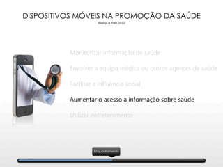 DISPOSITIVOS MÓVEIS NA PROMOÇÃO DA SAÚDE
(Klasnja & Pratt, 2012)
Monitorizar informação de saúde
Envolver a equipa médica ou outros agentes de saúde
Facilitar a influência social
Aumentar o acesso a informação sobre saúde
Utilizar entretenimento
Enquadramento
 