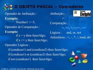 O OBJETO PASCAL – Operadores
LPRO I – LINGUAGEM DE PROGRAMAÇÃO I
Operador de Atribuição :
Exemplo:
Number1 := 5;
Operador de Comparação :
Exemplo:
if x = y then fazerAlgo;
if x <> y then fazerAlgo;
Operador Lógicos :
if (condicao1) and (condicao2) then fazerAlgo;
if (condicao1) or (condicao2) then fazerAlgo;
if not (condicao1) then fazerAlgo;
Atribuição :
:=
Comparação :
=, <>, >,<,>= , <=
Lógicos : and, or, not
Aritméticos : +, - , *, /, mod, div
 