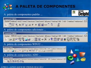 A PALETA DE COMPONENTES
LPRO I – LINGUAGEM DE PROGRAMAÇÃO I
A paleta de componentes padrão ...
A paleta de componentes adicionais ...
A paleta de componentes WIN32 ...
A paleta de componentes ADO ...
 