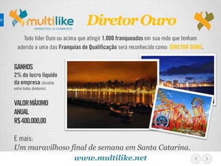 Todo líder Ouro ou acima que atingir 1.000 franqueados em sua rede que tenham
aderido a uma das Franquias de Qualificação será reconhecido como: DIRETOR OURO.
Um maravilhoso final de semana em Santa Catarina.
MARKETING | E-COMMERCE
GANHOS
2% do lucro líquido
da empresa (dividido
entre todos diretores)
VALORMÁXIMO
ANUAL
R$400.000,00
E mais:
www.multilike.net
DiretorOuro
 