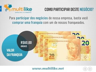 COMOPARTICIPARDESTENEGÓCIO?
Para participar dos negócios de nossa empresa, basta você
comprar uma franquia com um de nossos franqueados.
MARKETING | E-COMMERCE
www.multilike.net
VALOR
DAFRANQUIA
R$60,00
ANUAIS
 