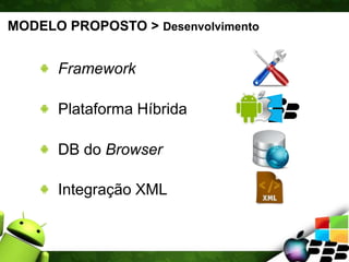 MODELO PROPOSTO > Desenvolvimento
Framework
Plataforma Híbrida
DB do Browser
Integração XML
 