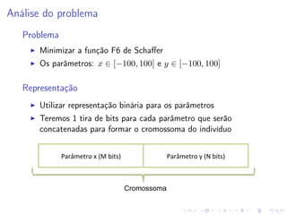 Análise do problema
Problema
Minimizar a função F6 de Schaﬀer
Os parâmetros: x ∈ [−100, 100] e y ∈ [−100, 100]

Representação
Utilizar representação binária para os parâmetros
Teremos 1 tira de bits para cada parâmetro que serão
concatenadas para formar o cromossoma do indivíduo
Parâmetro	
  x	
  (M	
  bits)	
  

Parâmetro	
  y	
  (N	
  bits)	
  

Cromossoma

 