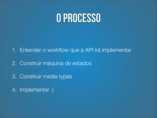O processo
1. Entender o workﬂow que a API irá implementar
2. Construir máquina de estados
3. Construir media types
4. Implementar :)

 