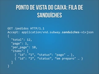 Ponto de vista do caixa: fila de
sanduíches
GET	
  /pedidos	
  HTTP/1.1	
  
Accept:	
  application/vnd.subway.sanduiches-­‐v1+json 
{	
  
	
  	
  "total":	
  12,	
  
	
  	
  "page":	
  1,	
  
	
  	
  "per_page":	
  10,	
  
	
  	
  "items":	
  [	
  
	
  	
  	
  	
  {	
  "id":	
  “1”,	
  “status”:	
  "pago"	
  …	
  },	
  
	
  	
  	
  	
  {	
  "id":	
  “2”,	
  “status”,	
  “em	
  preparo"	
  …	
  }	
  
	
  	
  ]	
  
}

 