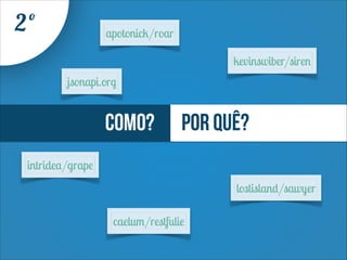 2º

apotonick/roar
kevinswiber/siren
jsonapi.org

Como?

Por quê?

intridea/grape
lostisland/sawyer
caelum/restfulie

 