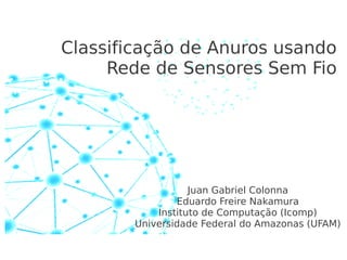 Classificação de Anuros usando
Rede de Sensores Sem Fio

Juan Gabriel Colonna
Eduardo Freire Nakamura
Instituto de Computação (Icomp)
Universidade Federal do Amazonas (UFAM)

 