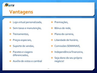Vantagens
 Loja virtual personalizada,

 Premiações,

 Sem taxas e manutenção,

 Bônus de rede,

 Treinamentos,

 Plano de carreira,

 Preços especiais,

 Liberdade de horário,

 Suporte de vendas,

 Comissões SEMANAIS,

 Pacotes e viagens

 Independência financeira,

diferenciados,

 Seja dono do seu próprio

 Auxílio de vistos e cambial

negócio!
11

 