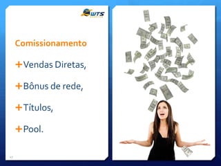 Comissionamento
 Vendas Diretas,
 Bônus de rede,
 Títulos,

 Pool.
17

 