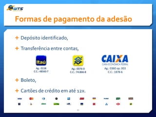 Formas de pagamento da adesão
 Depósito identificado,
 Transferência entre contas,

 Boleto,
 Cartões de crédito em até 12x.

33

 