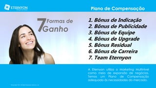 Plano de Compensação

Ganho
7

Formas de

1. Bônus de Indicação
2. Bônus de Publicidade
3. Bônus de Equipe
4. Bônus de Upgrade
5. Bônus Residual
6. Bônus de Carreira
7. Team Eternyon
A Eternyon utiliza o Marketing Multinível
como meio de expansão de negócios.
Temos um Plano de Compensação
adequado às necessidades do mercado.

©Copyright 2014, All Rights Reserved, Eternyon, LLC

 