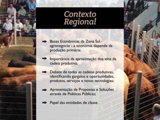 Contexto 
Regional 
Bases Econômicas da Zona Sul - 
agronegócio - a economia depende da 
produção primária; 
Importância da aproximação dos elos da 
cadeia produtiva; 
Debate de todas as cadeias produtivas, 
identicando gargalos e oportunidades, 
produtos, serviços e novas tecnologias; 
Apresentação de Propostas e Soluções 
através de Politicas Públicas; 
Papel das entidades de classe. 
 