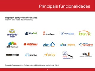 Principais funcionalidades 
6 
Integração com portais imobiliários 
(decisivo para 69,6% das imobiliárias) 
Segundo Pesquisa sobre Software Imobiliário Vivareal, de julho de 2014 
 