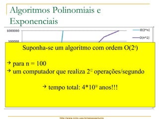 Algoritmos Polinomiais e 
Exponenciais 
Suponha-se um algoritmo com ordem O(2n) 
 para n = 100 
 um computador que realiza 212 operações/segundo 
 tempo total: 4*1010 anos!!! 
http://www.icmc.usp.br/pessoas/junio 
 