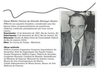 Oscar Ribeiro Teomar de Almeida Niemeyer Soares Filho foi um arquiteto brasileiro, considerado uma das figuras-chave no desenvolvimento da arquitetura moderna, conhecido principalmente por suas curvas suaves. 
Nascimento: 15 de dezembro de 1907, Rio de Janeiro, RJ 
Falecimento: 5 de dezembro de 2012, Rio de Janeiro, RJ 
Educação: Escola de Belas Artes da Universidade Federal do Rio de Janeiro (1934) 
Obra: As Curvas do Tempo - Memórias 
Obras notáveis: 
Edifício Gustavo Capanema; Conjunto Arquitetônico da Pampulha; Sede da Organização das Nações Unidas; Parque Ibirapuera; Edifício Copan; Palácio da Alvorada; Congresso Nacional; Catedral de Brasília; Sambódromo da Marquês de Sapucaí; Memorial da América Latina; Museu de Arte Contemporânea de Niterói 
Cidade Administrativa de Minas Gerais, Museu de Arte Moderna de Caracas  
