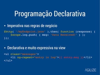Programação Declarativa 
● Imperativa nas regras de negócio 
$http( '/myEndpoint.json' ).then( function (response) { 
$scope.log.push( { msg: 'Data Received!' } ); 
}); 
● Declarativa e muito expressiva na view 
<ul class="messages"> 
<li ng­repeat=" 
entry in log">{{ entry.msg }}</li> 
</ul> 
 
