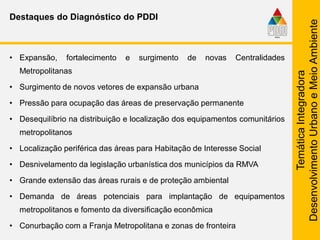 TemáticaIntegradora
DesenvolvimentoUrbanoeMeioAmbiente
Destaques do Diagnóstico do PDDI
• Expansão, fortalecimento e surgimento de novas Centralidades
Metropolitanas
• Surgimento de novos vetores de expansão urbana
• Pressão para ocupação das áreas de preservação permanente
• Desequilíbrio na distribuição e localização dos equipamentos comunitários
metropolitanos
• Localização periférica das áreas para Habitação de Interesse Social
• Desnivelamento da legislação urbanística dos municípios da RMVA
• Grande extensão das áreas rurais e de proteção ambiental
• Demanda de áreas potenciais para implantação de equipamentos
metropolitanos e fomento da diversificação econômica
• Conurbação com a Franja Metropolitana e zonas de fronteira
 