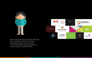Nesta etapa buscamos marcas que têm como
foco a revenda de cartuchos e toners.
Observamos o abuso das cores CMYK
e o uso de símbolos clichês. Algumas das
marcas reforça a sustentabilidade.
 