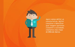 Agora vamos definir as
características, definir
conceitos e identificar
qual imagem queremos
transmitir à sociedade,
chamamos essa etapa
de DNA da marca.
 