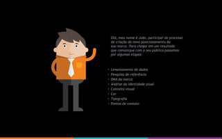 Olá, meu nome é João, participei do processo
de criação do novo posicionamento da
sua marca. Para chegar em um resultado
que comunique com o seu público passamos
por algumas etapas:
Levantamento de dados
Pesquisa de referência
DNA da marca
Análise da identidade atual
Conceito visual
Cor
Tipografia
Pontos de contato
 