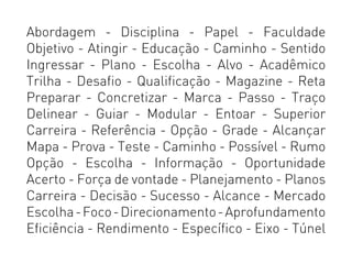Abordagem - Disciplina - Papel - Faculdade
Objetivo - Atingir - Educação - Caminho - Sentido
Ingressar - Plano - Escolha - Alvo - Acadêmico
Trilha - Desafio - Qualificação - Magazine - Reta
Preparar - Concretizar - Marca -­Passo - Traço
Delinear - Guiar - Modular - Entoar - Superior
Carreira - Referência - Opção - Grade - Alcançar
Mapa - Prova - Teste - Caminho - Possível - Rumo
Opção - Escolha - Informação - Oportunidade
Acerto - Força de vontade - Planejamento - Planos
Carreira - Decisão - Sucesso - Alcance - Mercado
Escolha-Foco-Direcionamento-Aprofundamento
Eficiência - Rendimento - Específico - Eixo - Túnel
 