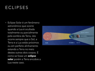 E C L I P S E S
• Eclipse Solar é um fenômeno
astronômico que ocorre
quando a Lua é ocultada
totalmente ou parcialmente
pela sombra da Terra, isto
ocorre sempre que o Sol, a
Terra e a Lua estão próximos
ou em perfeito alinhamento
estando a Terra no meio
destes outros dois corpos. É
como se fosse um eclipse
solar porém a Terra encobre a
Lua neste caso.
 