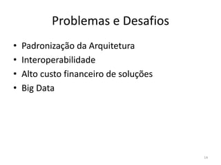 Problemas e Desafios
• Padronização da Arquitetura
• Interoperabilidade
• Alto custo financeiro de soluções
• Big Data
14
 