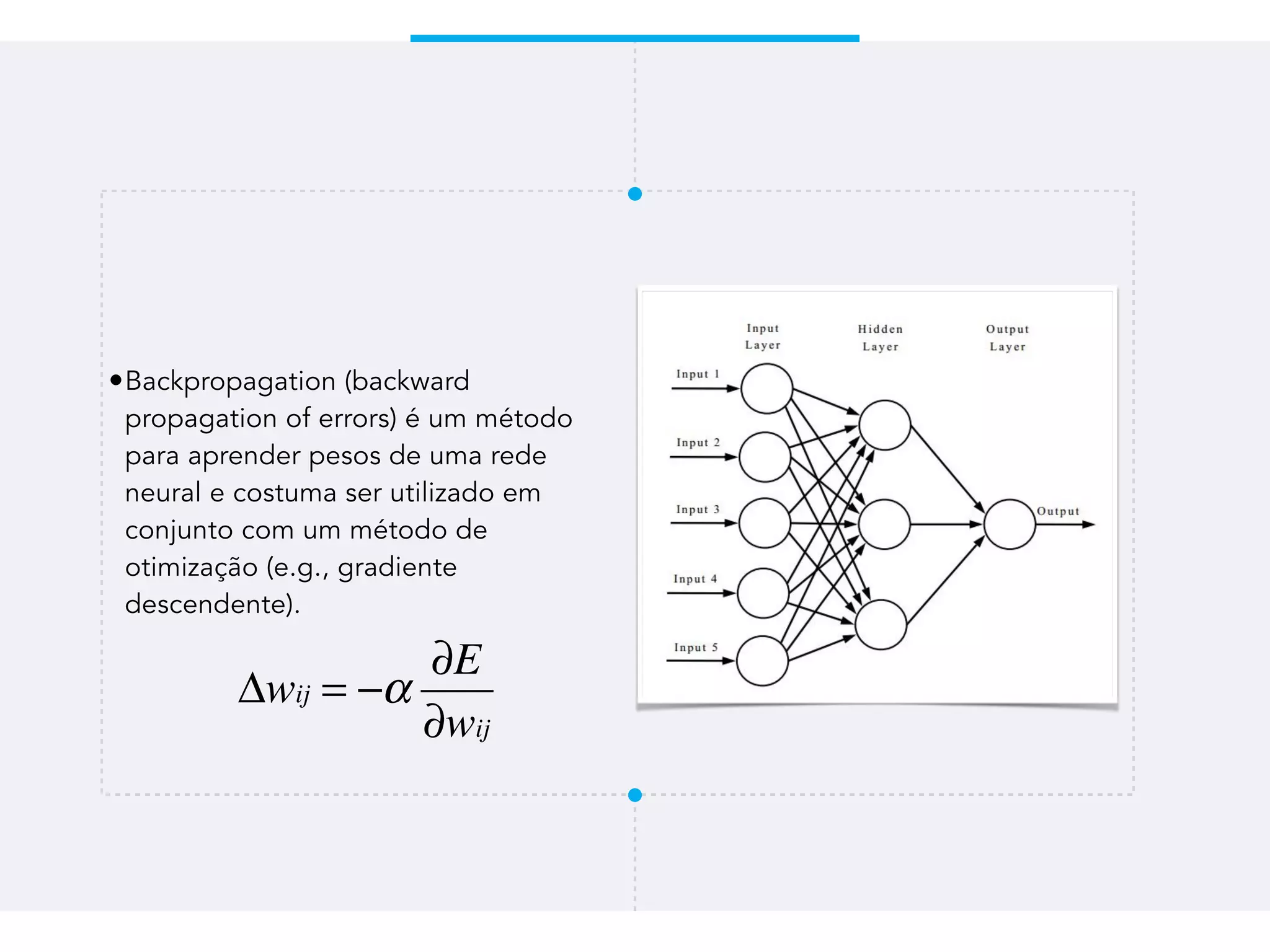 •Backpropagation (backward
propagation of errors) é um método
para aprender pesos de uma rede
neural e costuma ser utilizado em
conjunto com um método de
otimização (e.g., gradiente
descendente).
Δwij = −α
∂E
∂wij
 