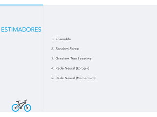 1. Ensemble
2. Random Forest
3. Gradient Tree Boosting
4. Rede Neural (Rprop+)
5. Rede Neural (Momentum)
ESTIMADORES
 