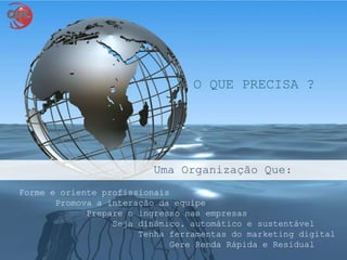 Uma Organização Que:
Forme e oriente profissionais
Promova a interação da equipe
Prepare o ingresso nas empresas
Seja dinâmico, automático e sustentável
Tenha ferramentas do marketing digital
Gere Renda Rápida e Residual
O QUE PRECISA ?
 