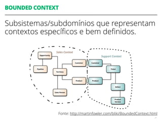 BOUNDED CONTEXT
Subsistemas/subdomínios que representam
contextos especíﬁcos e bem deﬁnidos.
21
Fonte: http://martinfowler.com/bliki/BoundedContext.html
 