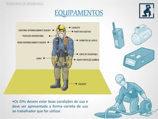 EQUIPAMENTOS
BARREIRAS DE SEGURANÇA
•Os EPIs devem estar boas condições de uso e
deve ser apresentada a forma correta de uso
ao trabalhador que for utilizar.
 
